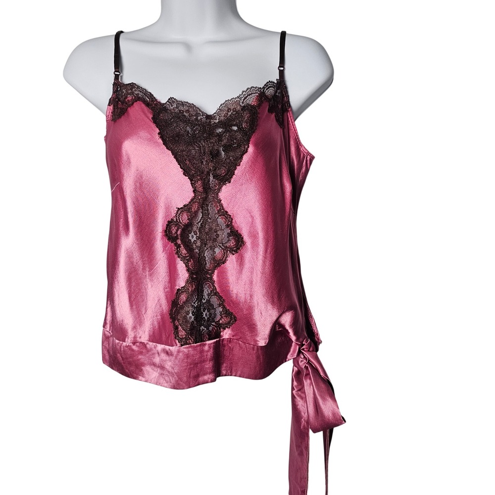 Hot Sauce Women Satin Lace Camisole Top M Pink Side Tie Y2K Coquette Made USA